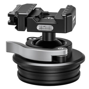 Leofoto STB-75X Montageplatform close-up vooraanzicht met waterpas en vergrendelhefboom op 75 mm adapter