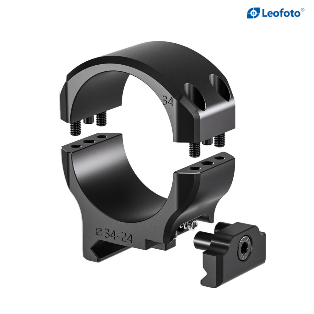 Leofoto SR-3424 Montageringen open ringhelften met waterpas en Picatinny-klem in detail