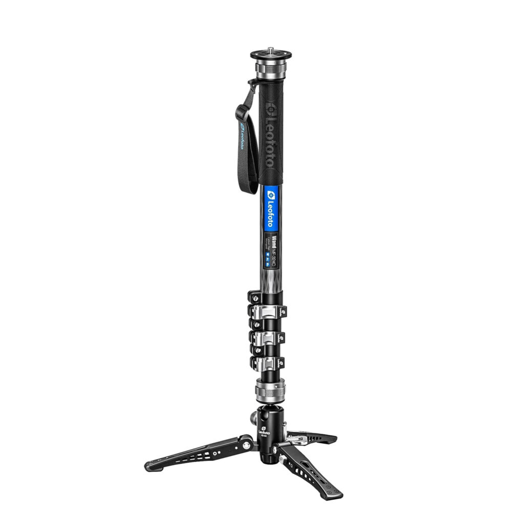 Leofoto MF-324C Monopod volledig overzicht met carbon eenbeenstatief op VD-04 videovoet en polsriem