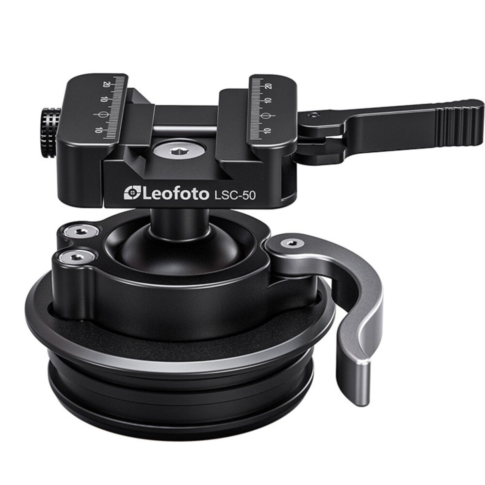 Leofoto STB-75 Geweerhouder close-up van LSC-50 snelkoppeling met hefboom op 75mm halfschotelbasis
