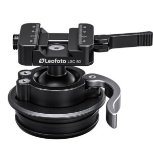 Leofoto STB-75 Geweerhouder close-up van LSC-50 snelkoppeling met hefboom op 75mm halfschotelbasis