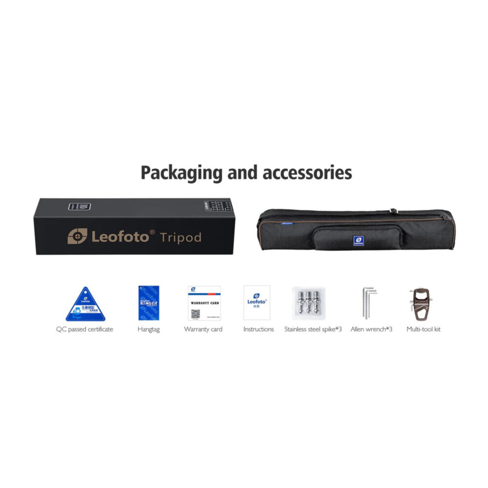 Leofoto SA-404CLX Geweerstatief verpakking en accessoires met draagtas, doos en bijgeleverde onderdelen
