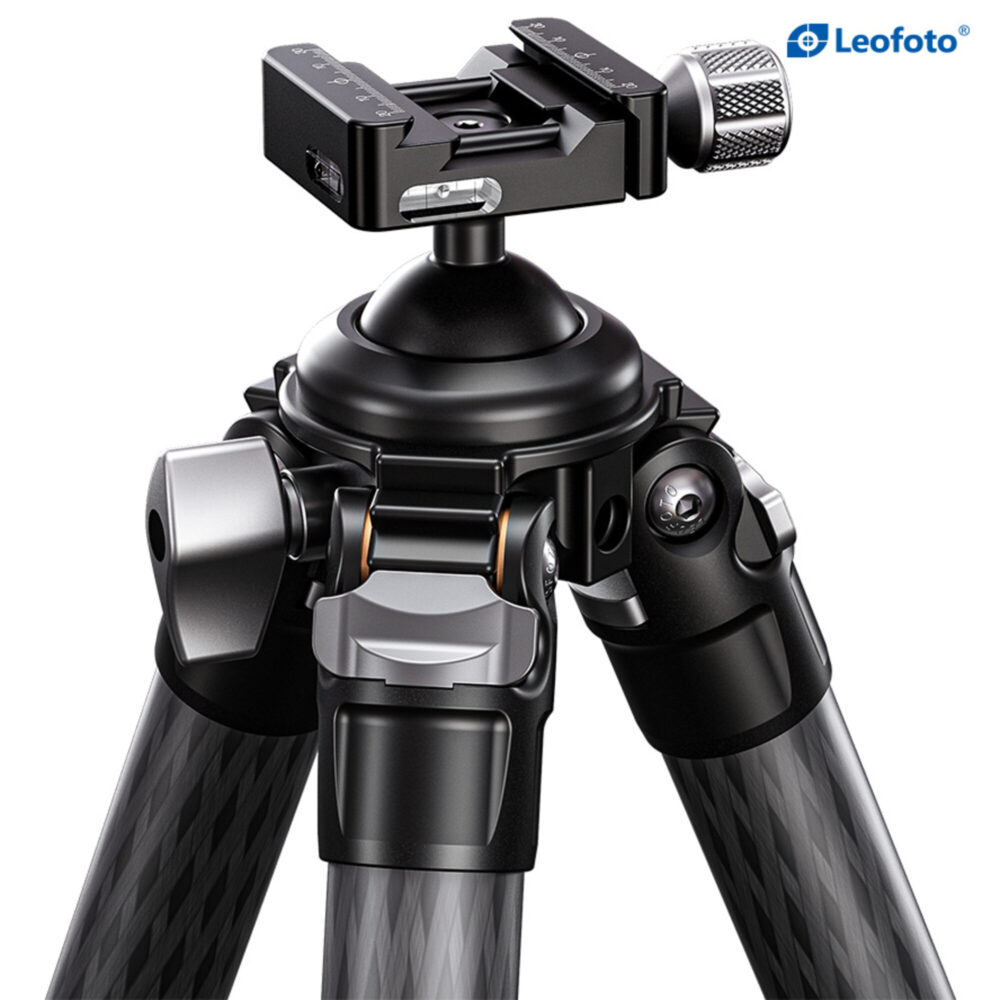 Leofoto SK-324CL Tripod close-up van de kop met nivelleerkogel en bedieningsknoppen