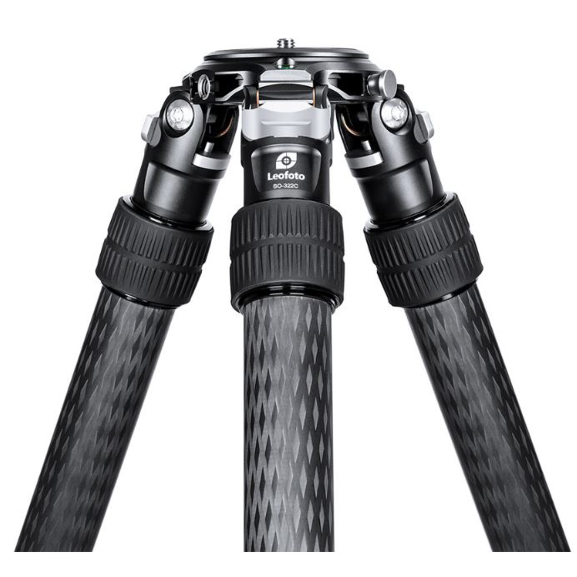 Leofoto SO-322C Inverted Geweerstatief detail van statiefkruin en twist-lock pootvergrendelingen