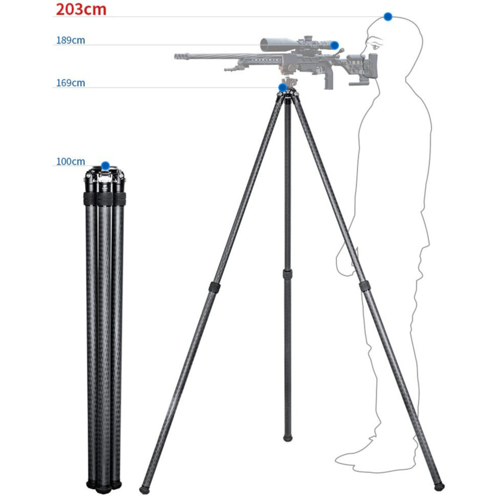 Leofoto SO-322C Inverted Geweerstatief schema met pakmaat en maximale werkhoogte
