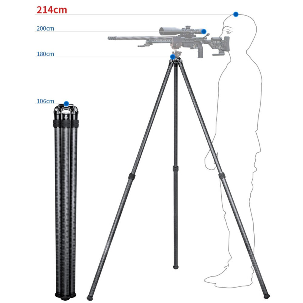 Leofoto SO-362C Geweerstatief schema met hoogte-instelling en uitgeklapte poten