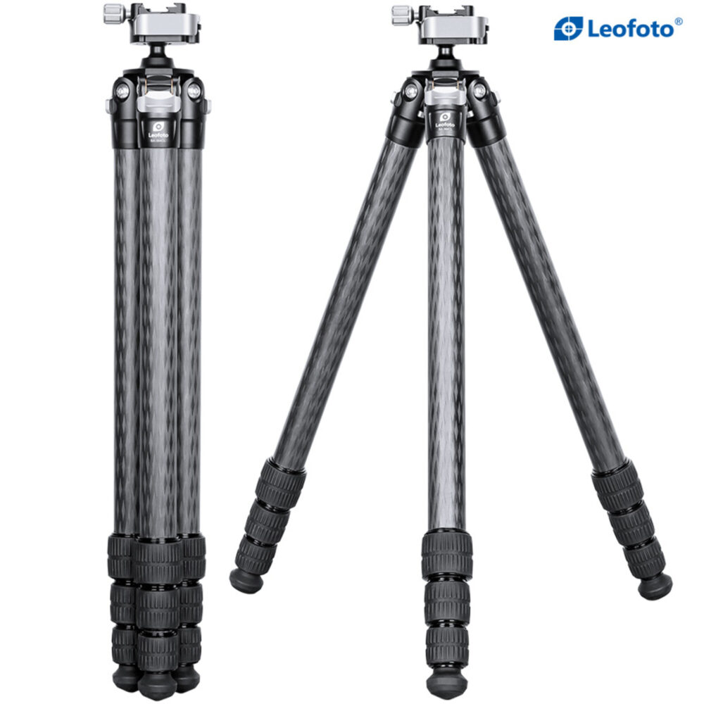 Leofoto SA-364CL Tripod productfoto met ingeklapt statief en uitgeklapte opstelling naast elkaar