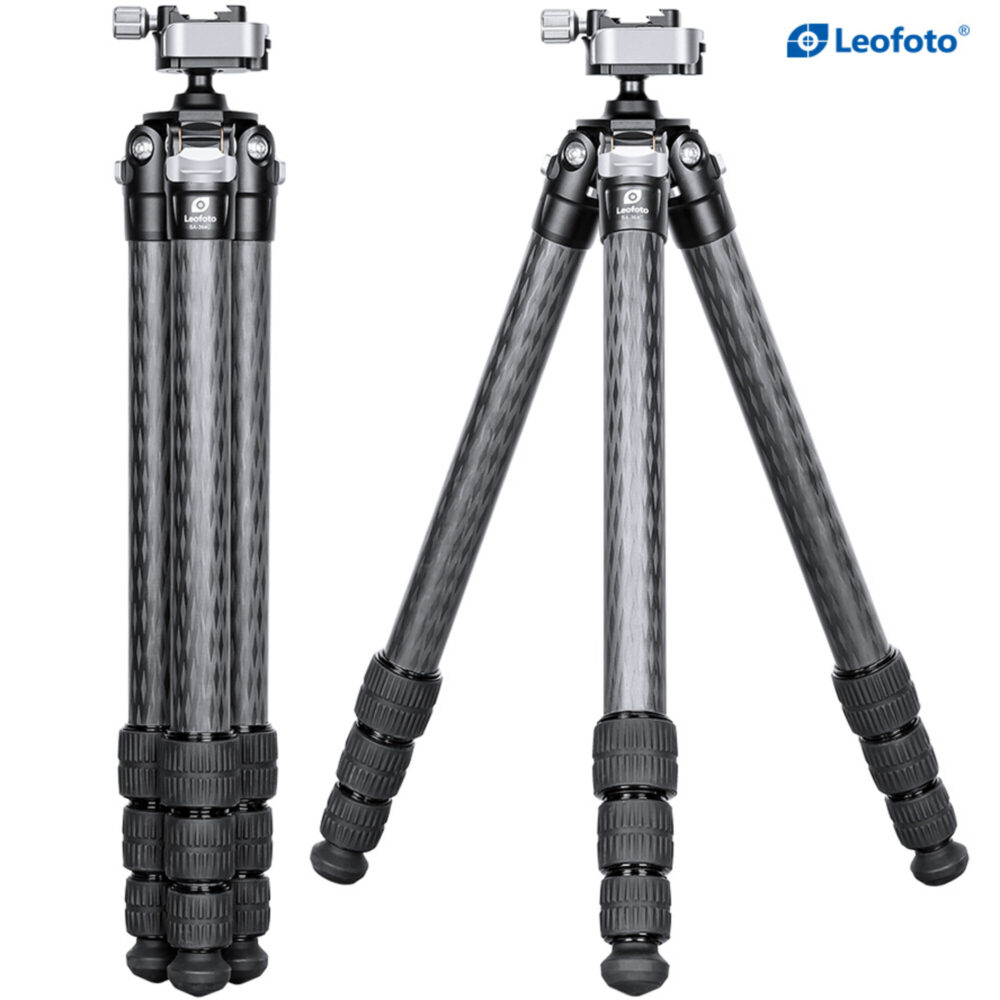 Leofoto SA-364C Tripod productfoto met ingeklapt statief en uitgeklapte opstelling naast elkaar
