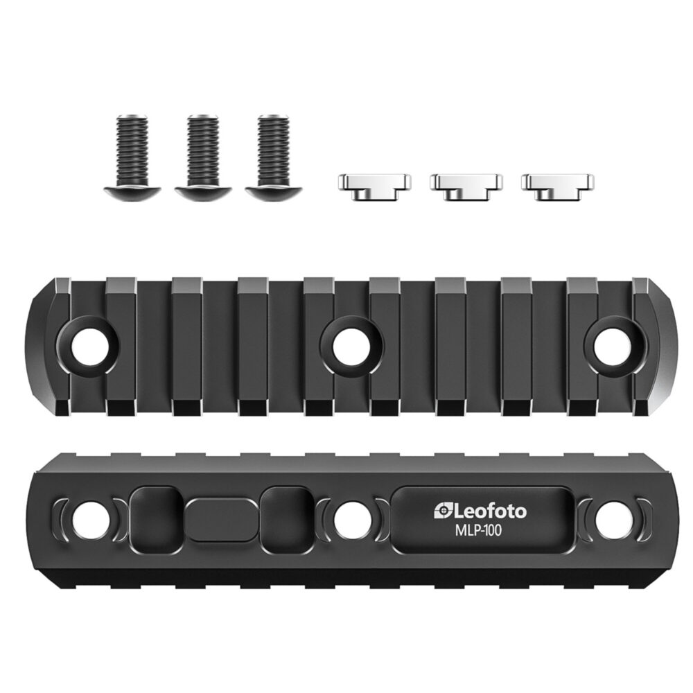 Leofoto MLP-100 Picatinny-rail productfoto met rail, M-Lok T-nuts en montageschroeven