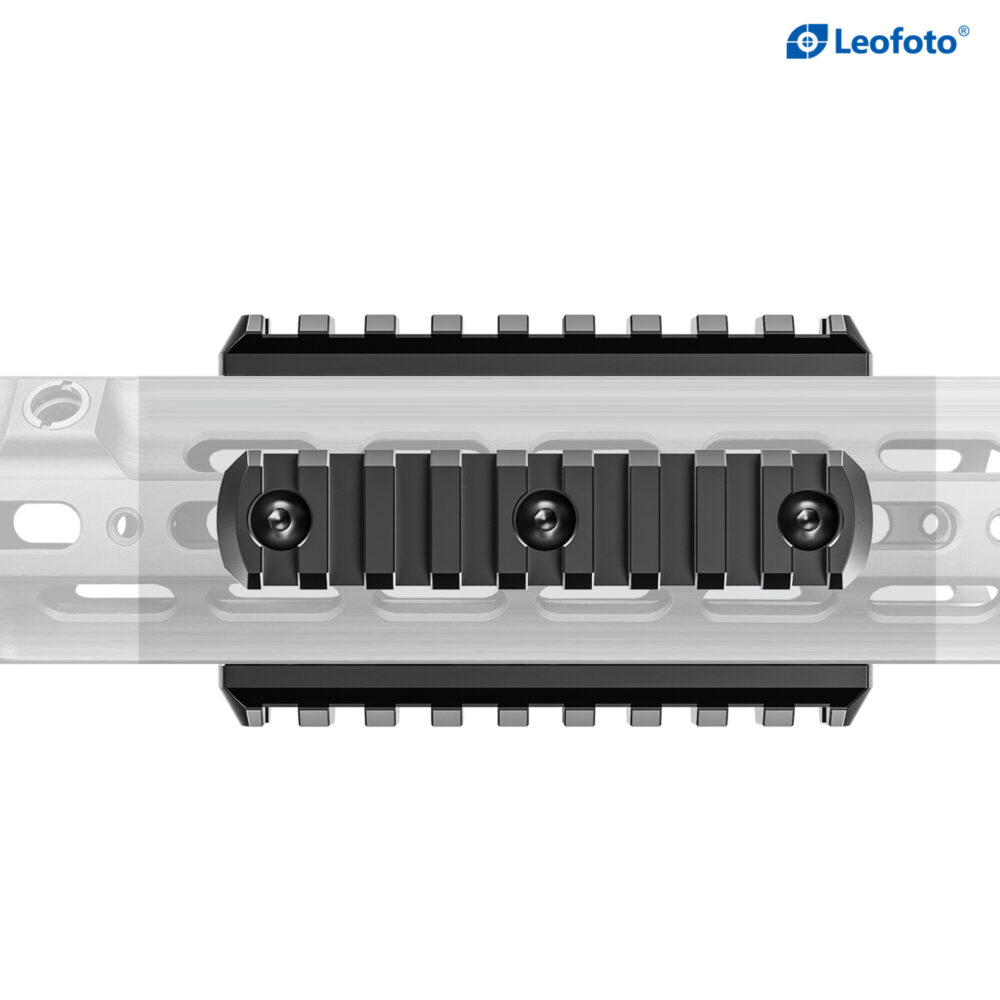 Leofoto MLP-100 Picatinny-rail gemonteerd op M-Lok handguard met drie bevestigingspunten