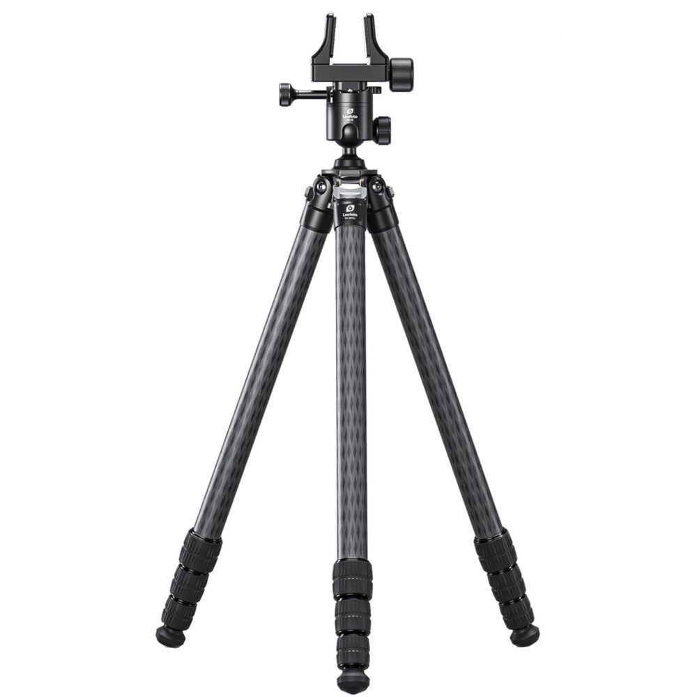 Leofoto SA-324CL Carbon Tripod volledig uitgeklapt statief met gemonteerde kop