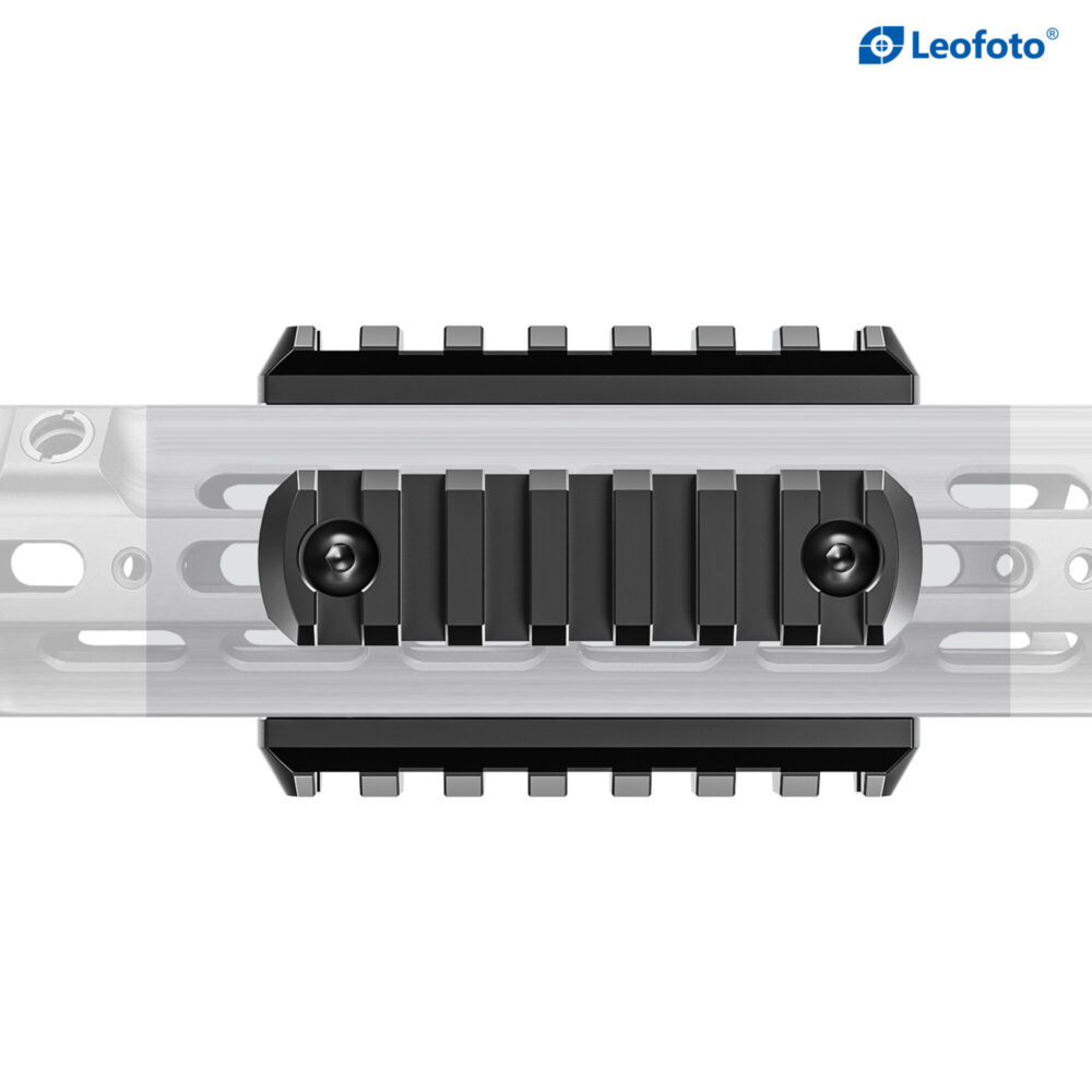 Leofoto MLP-80 Picatinny-rail gemonteerd op M-LOK handrail als voorbeeldopstelling