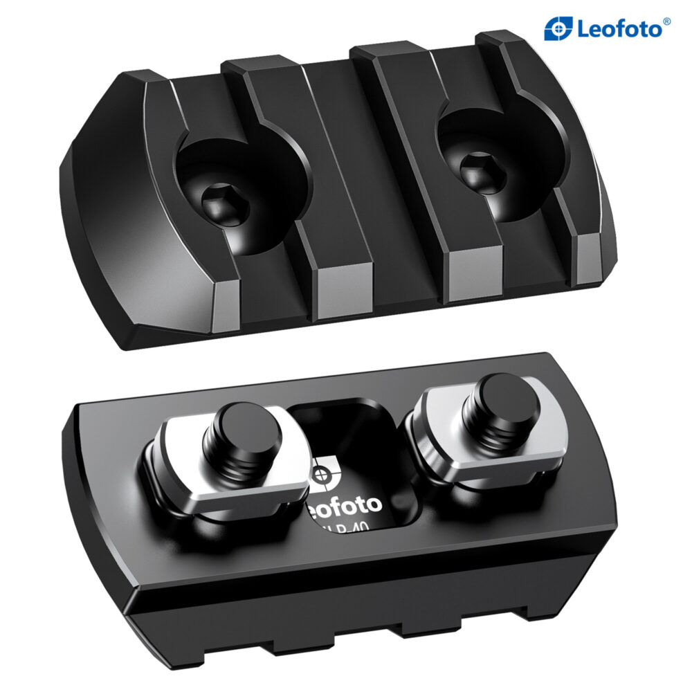 Leofoto MLP-40 Picatinny-rail close-up van de M-LOK T-moeren en montagebouten onder de rail
