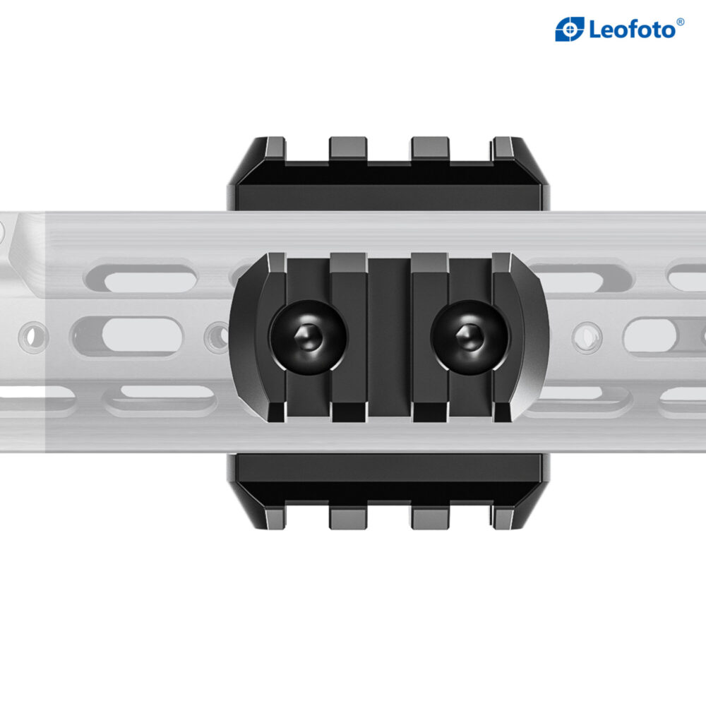 Leofoto MLP-40 Picatinny-rail gemonteerd op een M-LOK handguard als adapter voor accessoires