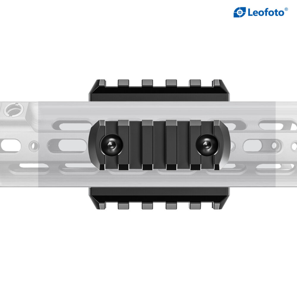 Leofoto MLP-60 Picatinny-rail gemonteerd op een M-LOK handguard als adapter voor accessoires