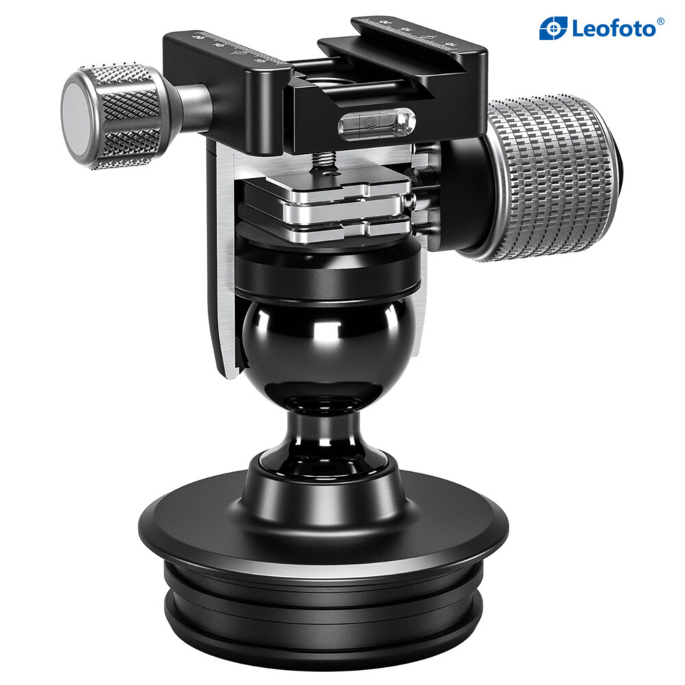 Leofoto MAB-100G Geweerhouder close-up van kogelkop met kantelmechanisme en klem