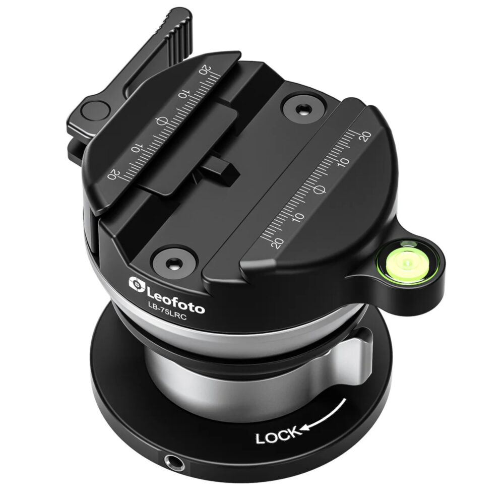 Leofoto LB-75LRC Nivelleerkop bovenaanzicht met schaalverdeling, klem en libel